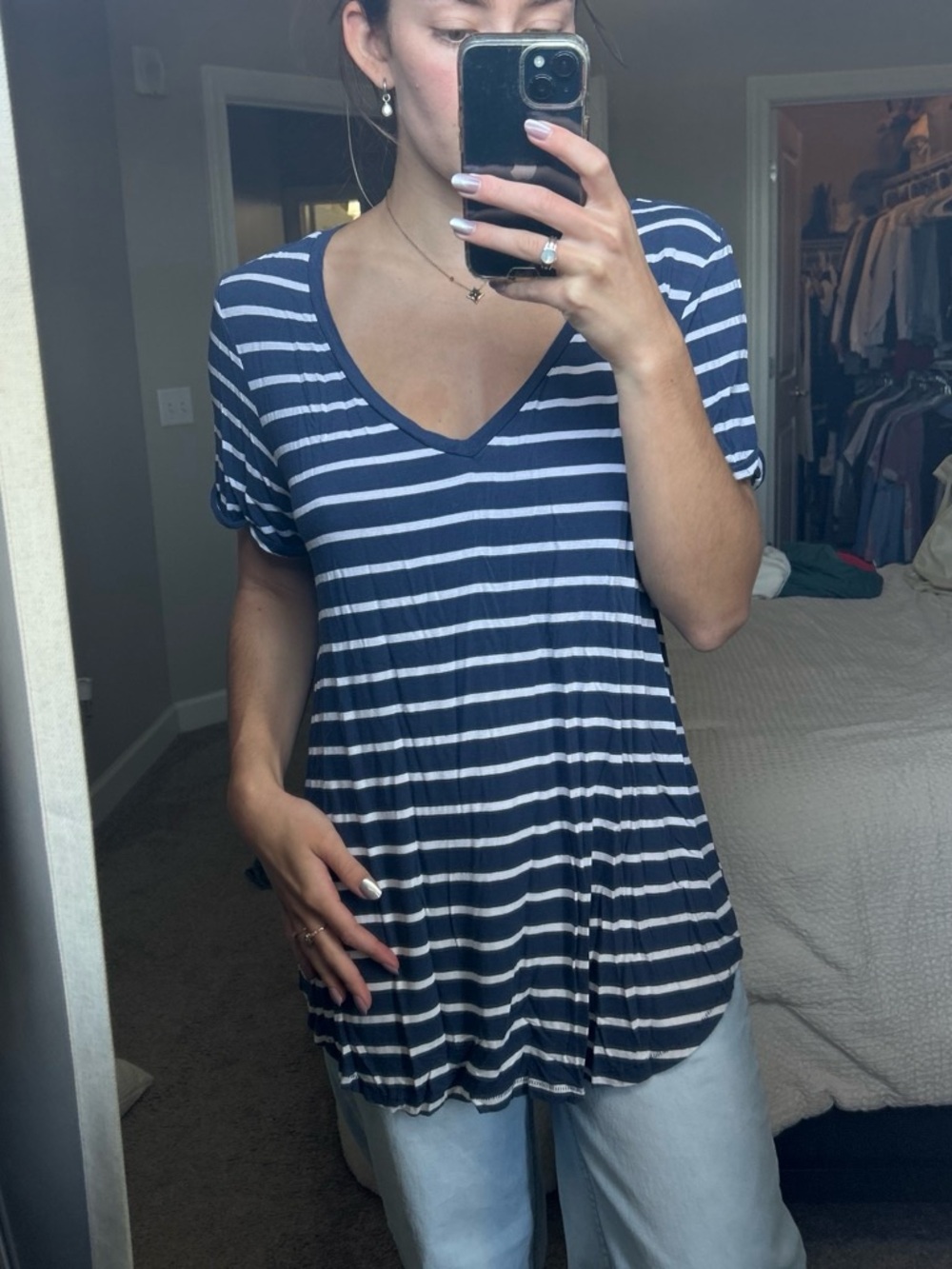 American Eagle Outfitters Navy & White Striped V-Neck Tunic Top
